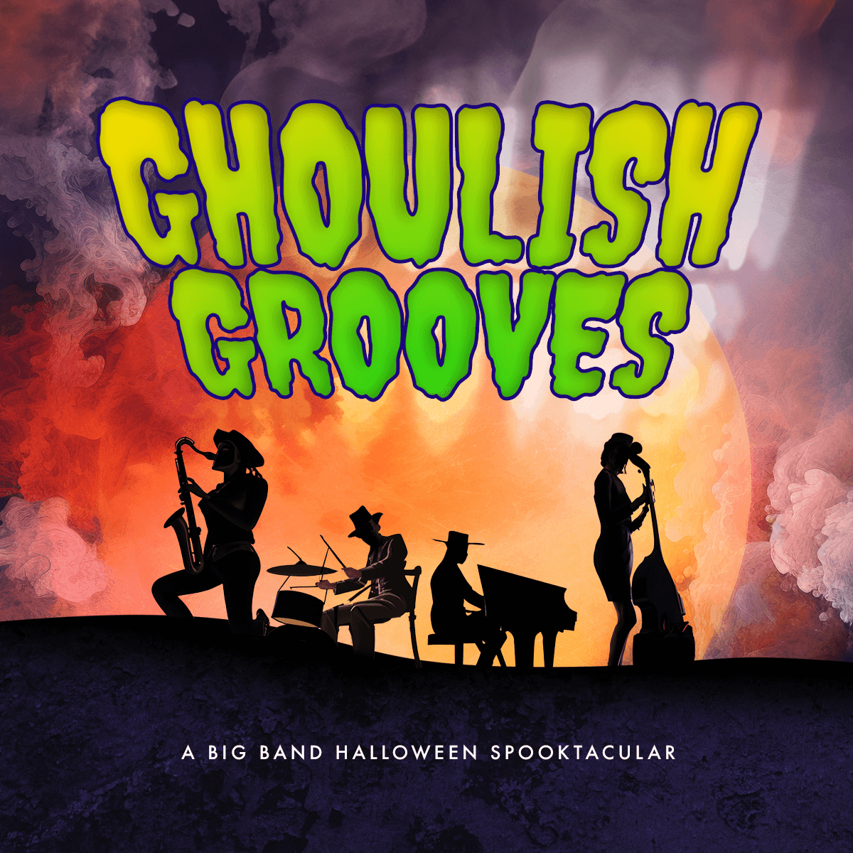 Promotional graphic for Ghoulish Grooves with the title in a green creepy font at the top and illustration of four musicians in front of a full moon.